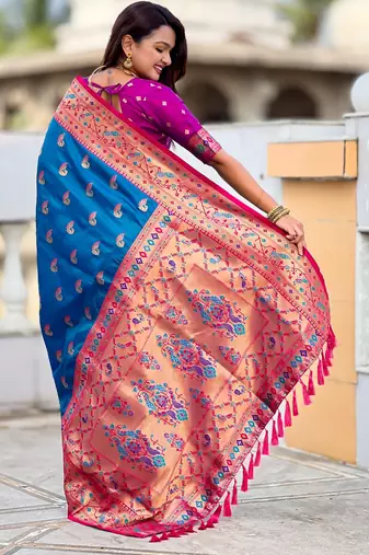 firozi paithani silk blend woven meenakari jacquard saree