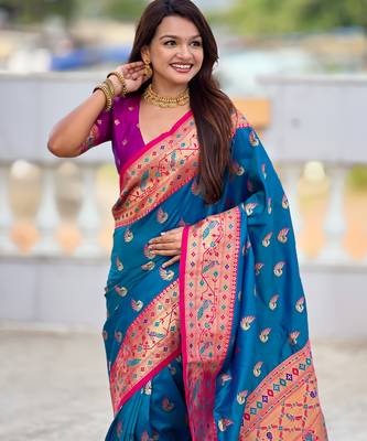 firozi paithani silk blend woven meenakari jacquard saree 3