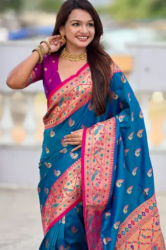 firozi paithani silk blend woven meenakari jacquard saree