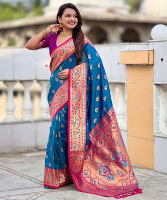 firozi paithani silk blend woven meenakari jacquard saree 4