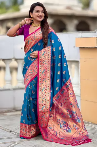 firozi paithani silk blend woven meenakari jacquard saree