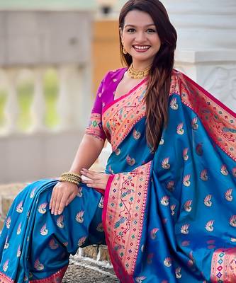 firozi paithani silk blend woven meenakari jacquard saree 5