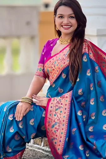 firozi paithani silk blend woven meenakari jacquard saree