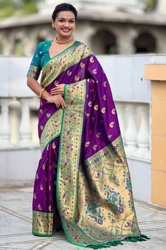 magenta color paithani silk blend woven meenakari jacquard designer saree