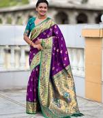 magenta color paithani silk blend woven meenakari jacquard saree