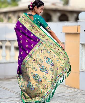 magenta paithani silk blend woven meenakari jacquard saree 2