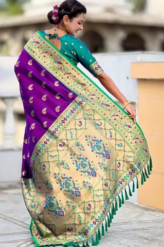 magenta paithani silk blend woven meenakari jacquard saree