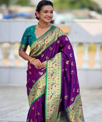 magenta paithani silk blend woven meenakari jacquard saree 3
