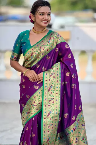 magenta paithani silk blend woven meenakari jacquard saree