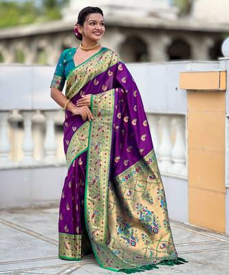 magenta paithani silk blend woven meenakari jacquard saree 4