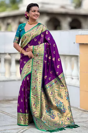 magenta paithani silk blend woven meenakari jacquard saree