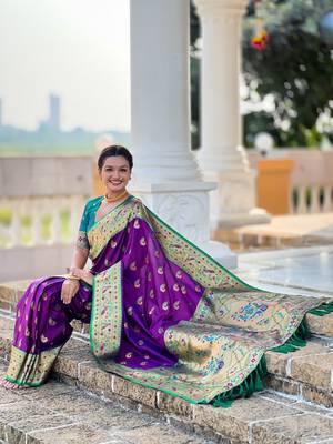 magenta paithani silk blend woven meenakari jacquard saree 5