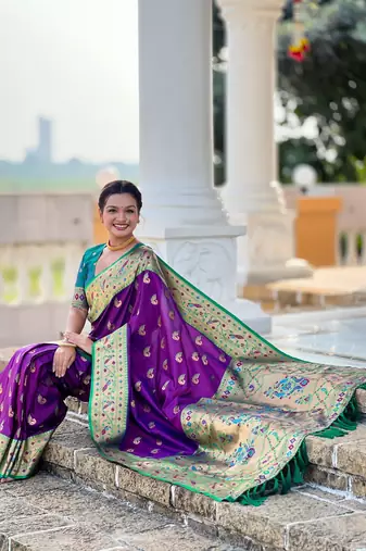 magenta paithani silk blend woven meenakari jacquard saree
