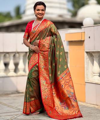 mahendi paithani silk blend woven meenakari jacquard saree 1