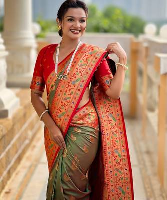 mahendi paithani silk blend woven meenakari jacquard saree 3