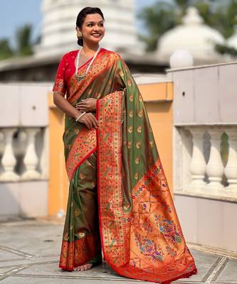 mahendi paithani silk blend woven meenakari jacquard saree 4