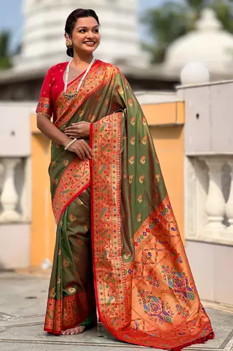 mahendi paithani silk blend woven meenakari jacquard saree