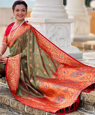 mahendi paithani silk blend woven meenakari jacquard saree 5