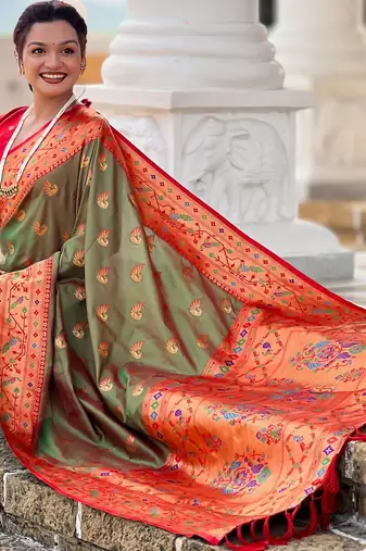 mahendi paithani silk blend woven meenakari jacquard saree