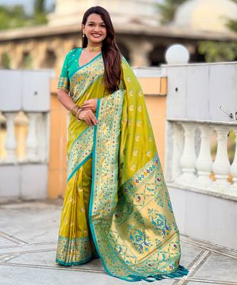 parrot green paithani silk blend woven meenakari jacquard saree 1