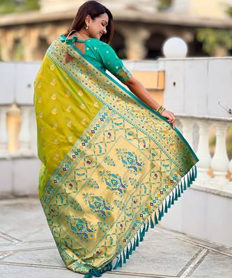 parrot green paithani silk blend woven meenakari jacquard saree 2
