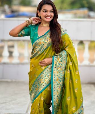 parrot green paithani silk blend woven meenakari jacquard saree 3
