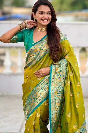 parrot green paithani silk blend woven meenakari jacquard saree