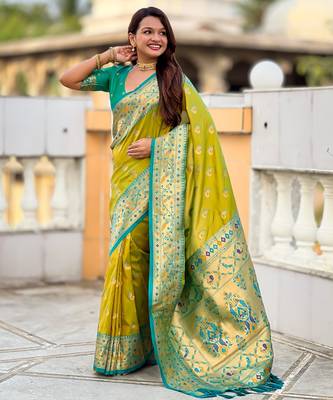 parrot green paithani silk blend woven meenakari jacquard saree 4