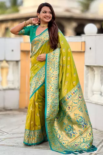 parrot green paithani silk blend woven meenakari jacquard saree