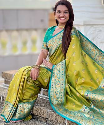 parrot green paithani silk blend woven meenakari jacquard saree 5