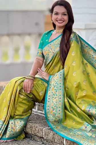 parrot green paithani silk blend woven meenakari jacquard saree