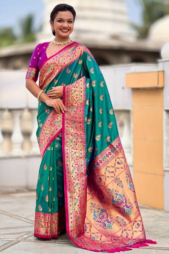 rama color paithani silk blend woven meenakari jacquard designer saree