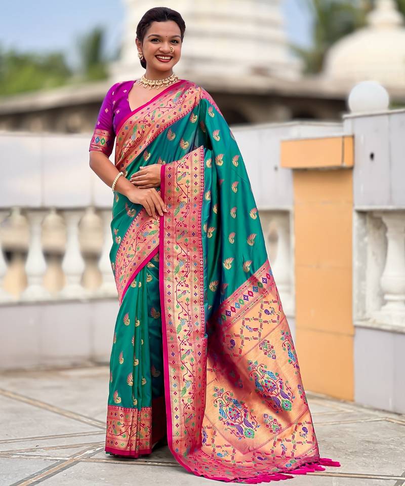 rama color paithani silk blend woven meenakari jacquard designer saree