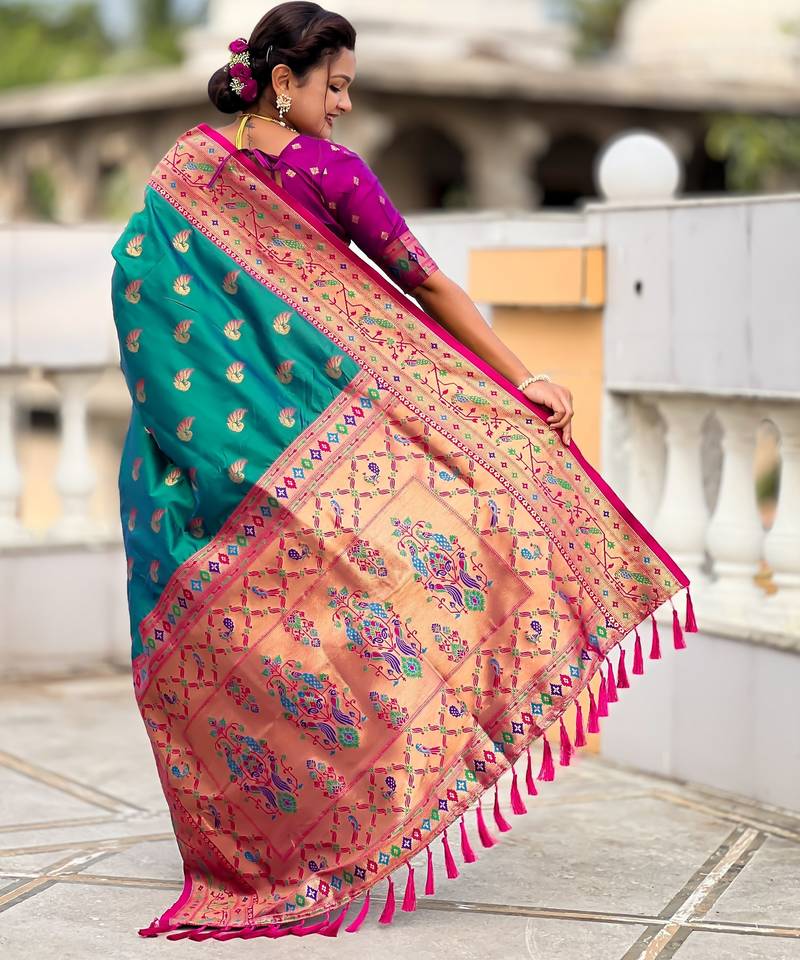 rama color paithani silk blend woven meenakari jacquard designer saree