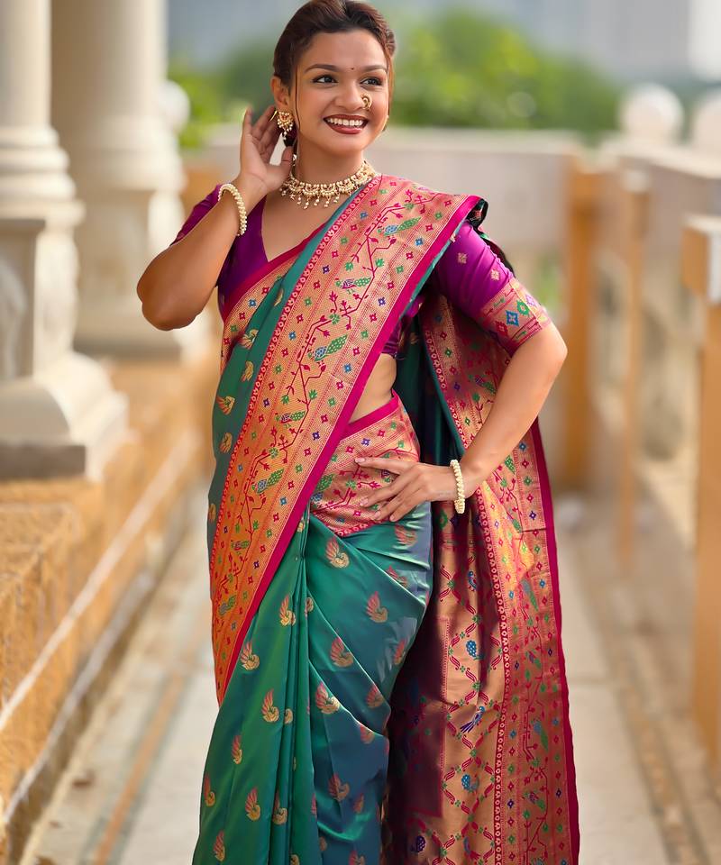 rama color paithani silk blend woven meenakari jacquard designer saree