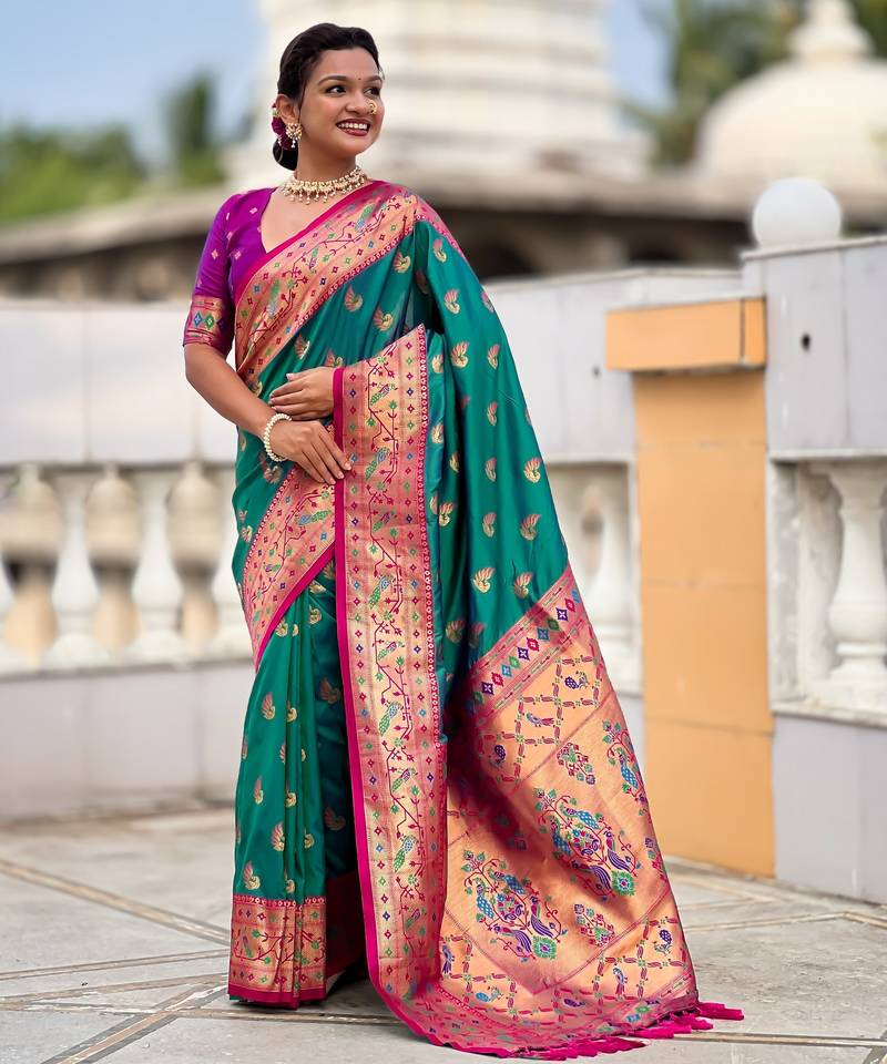 rama color paithani silk blend woven meenakari jacquard designer saree