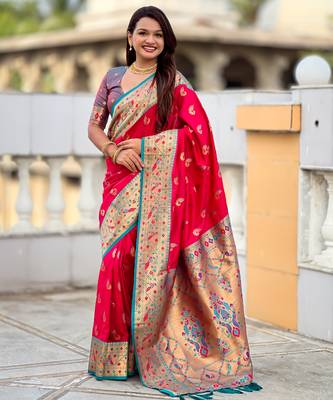 pink paithani silk blend woven meenakari jacquard saree 1