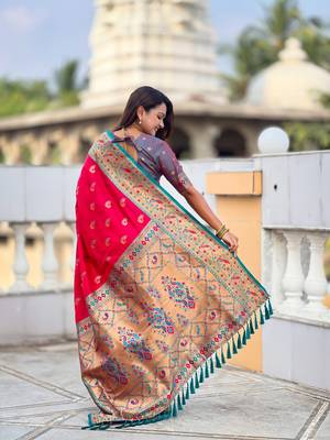 pink paithani silk blend woven meenakari jacquard saree 2