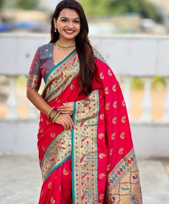 pink paithani silk blend woven meenakari jacquard saree 3