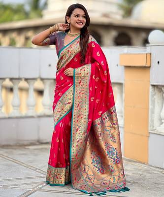 pink paithani silk blend woven meenakari jacquard saree 4