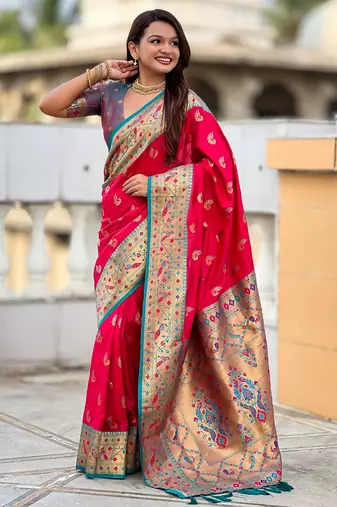 pink paithani silk blend woven meenakari jacquard saree