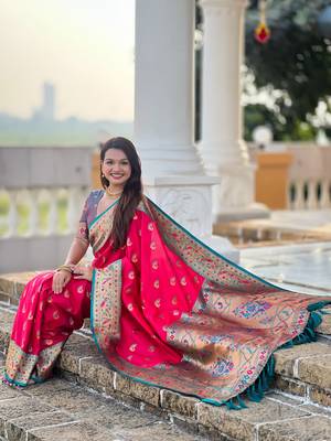 pink paithani silk blend woven meenakari jacquard saree 5