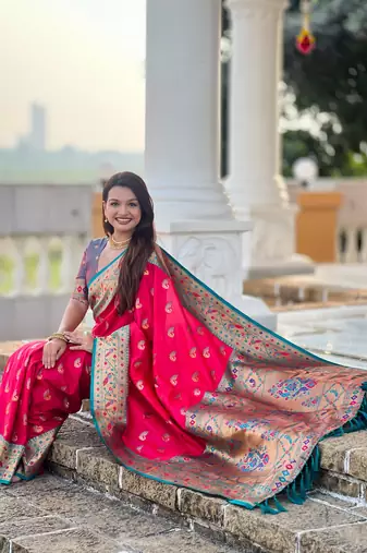 pink paithani silk blend woven meenakari jacquard saree