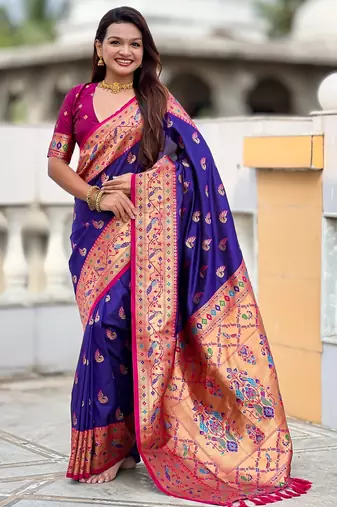 violet color paithani silk blend woven meenakari jacquard designer saree