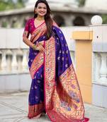 violet color paithani silk blend woven meenakari jacquard saree