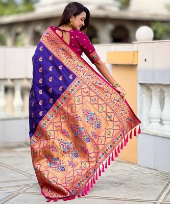 violet paithani silk blend woven meenakari jacquard saree 2