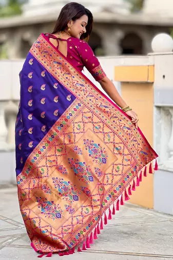 violet paithani silk blend woven meenakari jacquard saree
