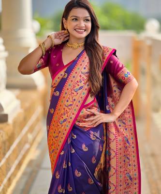 violet paithani silk blend woven meenakari jacquard saree 3