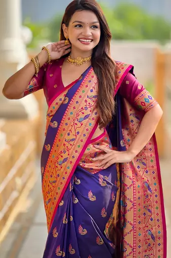 violet paithani silk blend woven meenakari jacquard saree