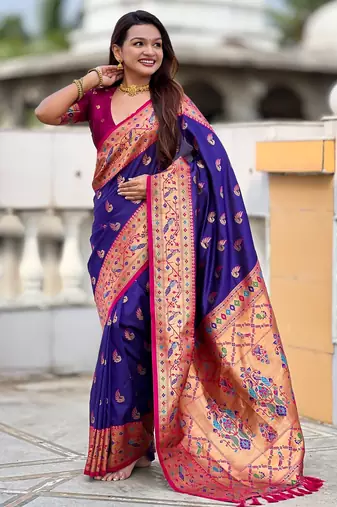 violet paithani silk blend woven meenakari jacquard saree